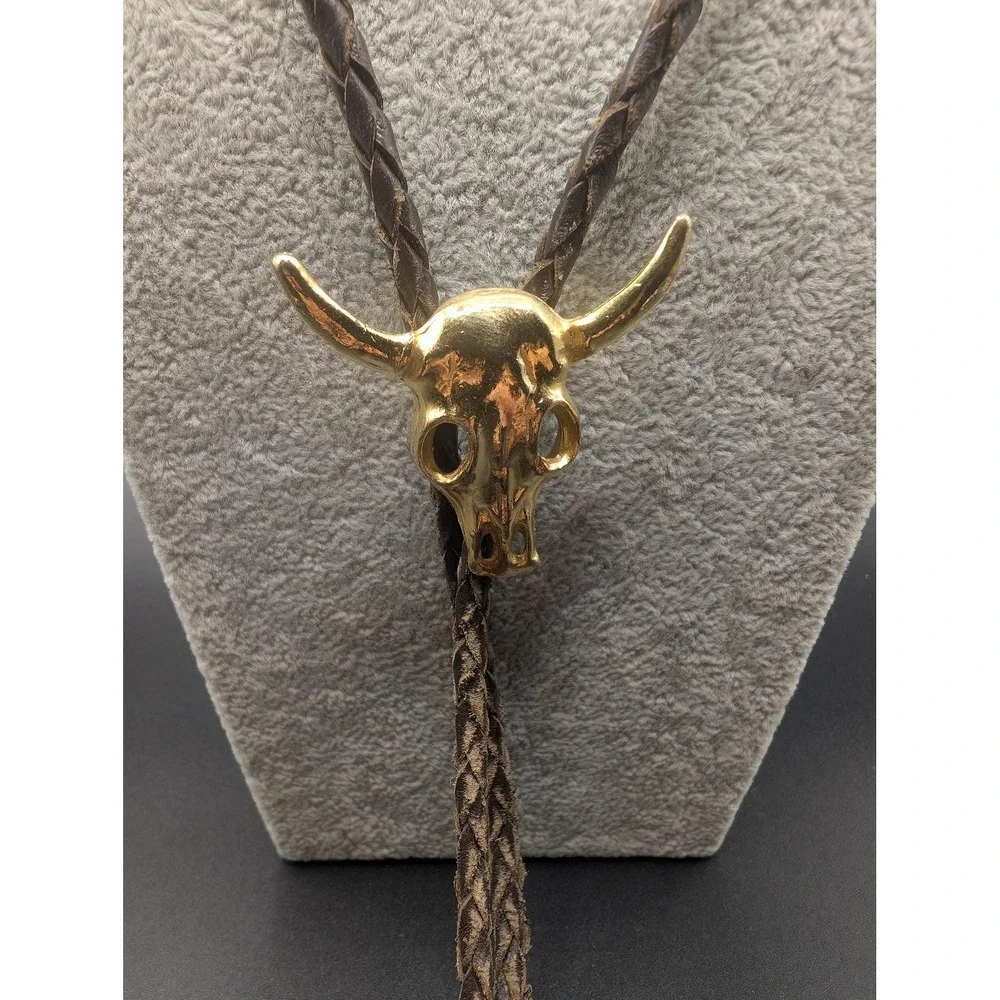 Bolo Tie Longhorn Skull Pendant Brown Leather Cord Adjustable Mens Western